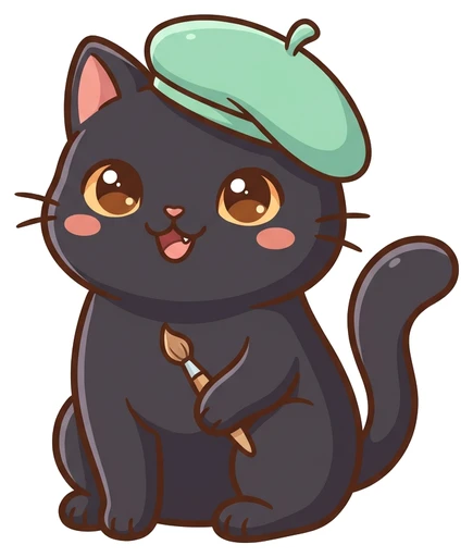 Boba, a black cat wearing a mint beret
