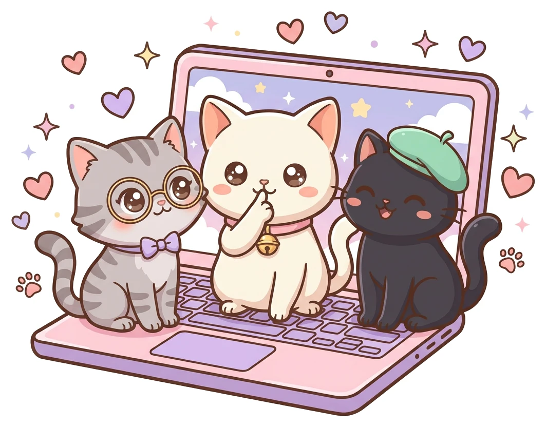 Three cute cats sitting on a laptop, one whispering shh