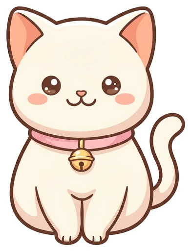 Mochi, a cream-white cat with a pink bell collar